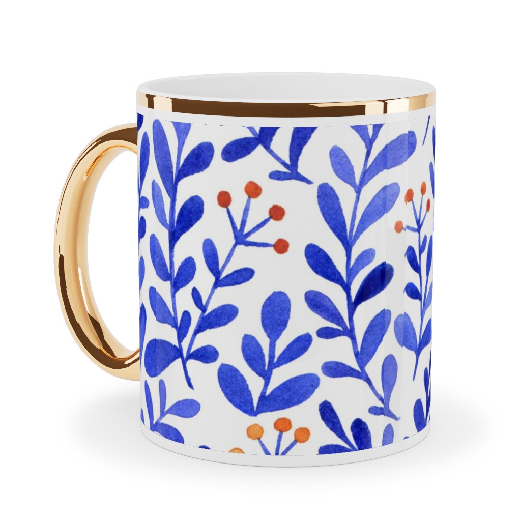 Leaves - Blue Ceramic Mug, Gold Handle, , 11oz, Blue, True Blue