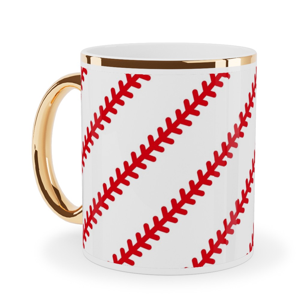 Baseball Stitch - Baseball - White Ceramic Mug, Gold Handle, , 11oz, Red, Red