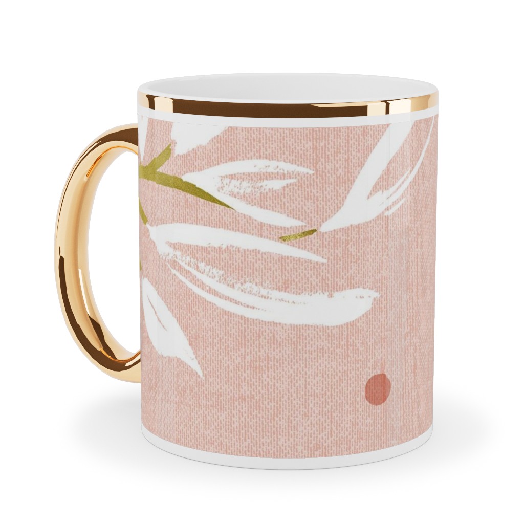 Zen - Gilded Leaves - Blush Pink Large Ceramic Mug, Gold Handle, , 11oz, Pink, Bright Pink