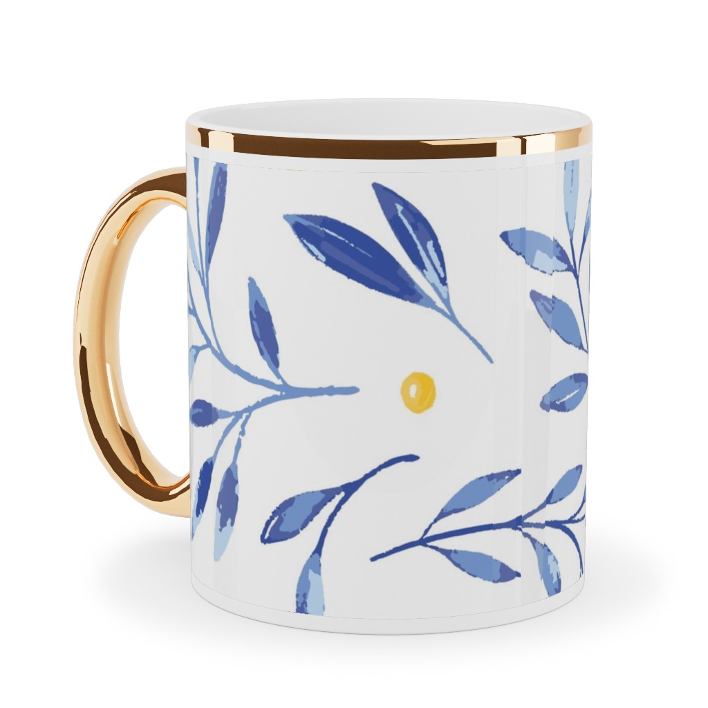 Blue Leaves With Berries Ceramic Mug, Gold Handle, , 11oz, Blue, True Blue