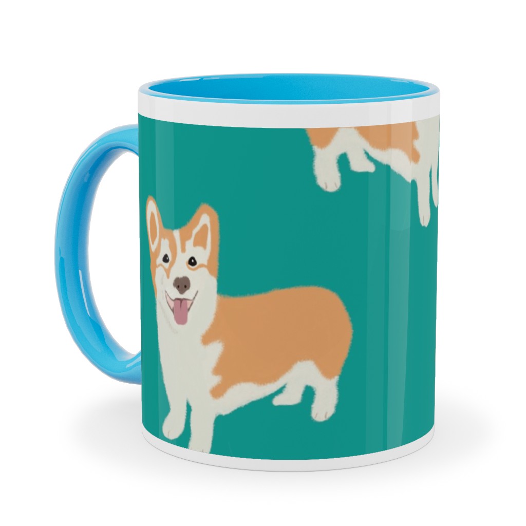 Corgi Ceramic Mug, Light Blue, , 11oz, Green, Jewel
