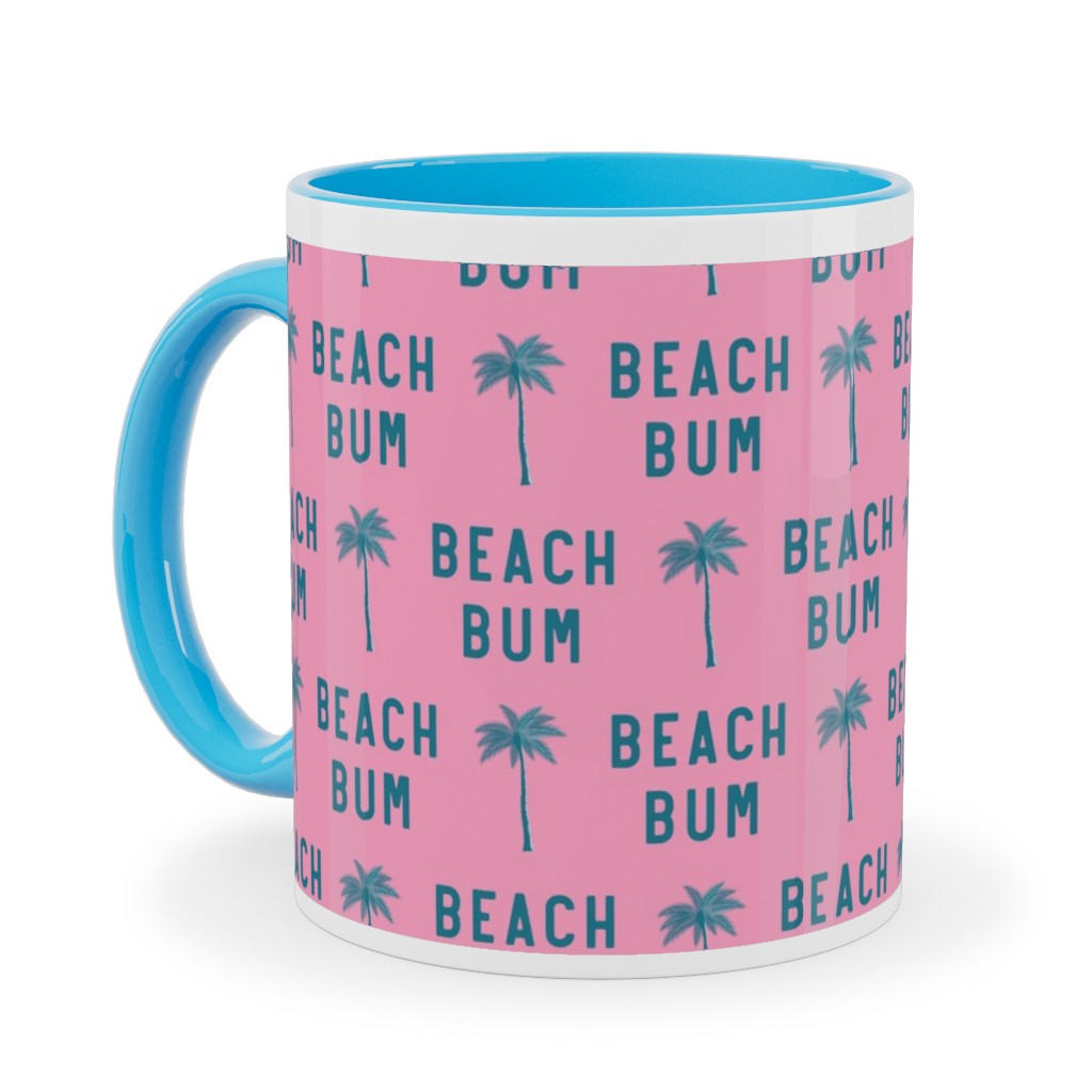 Beach Bum - Teal on Pink Ceramic Mug, Light Blue, , 11oz, Pink, Bright Pink