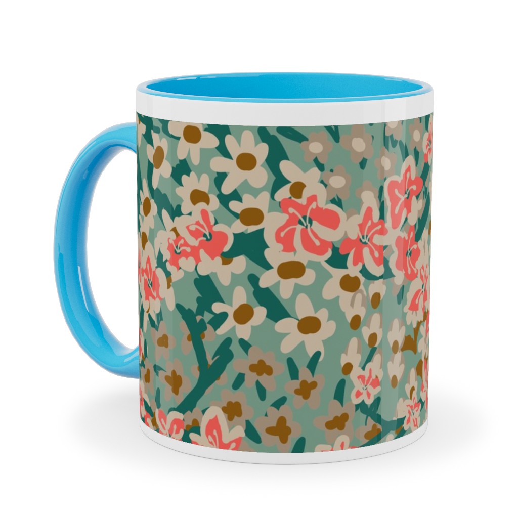 Bengal Kuma Floral - Multi Ceramic Mug, Light Blue, , 11oz, Green, Classic Green
