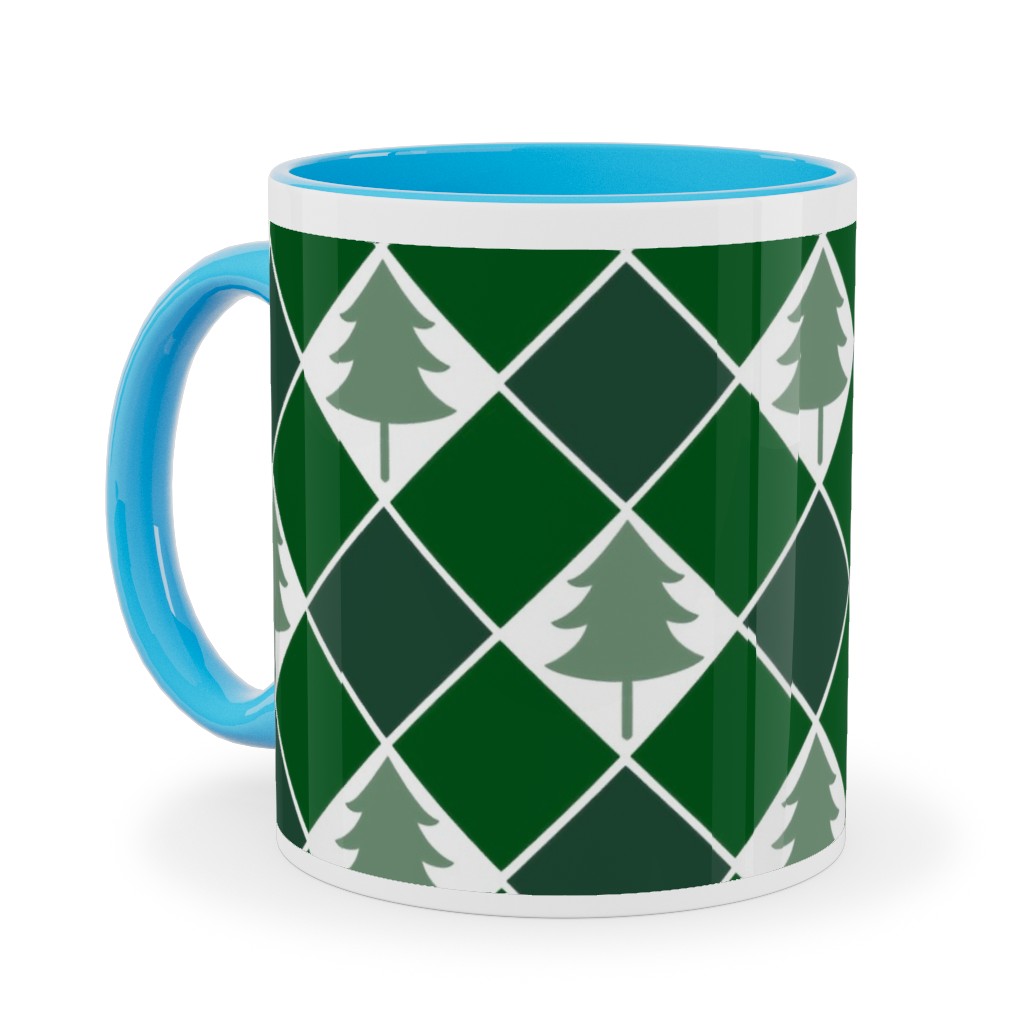 Christmas Tree Checkers - Green Ceramic Mug, Light Blue,  , 11oz, Green