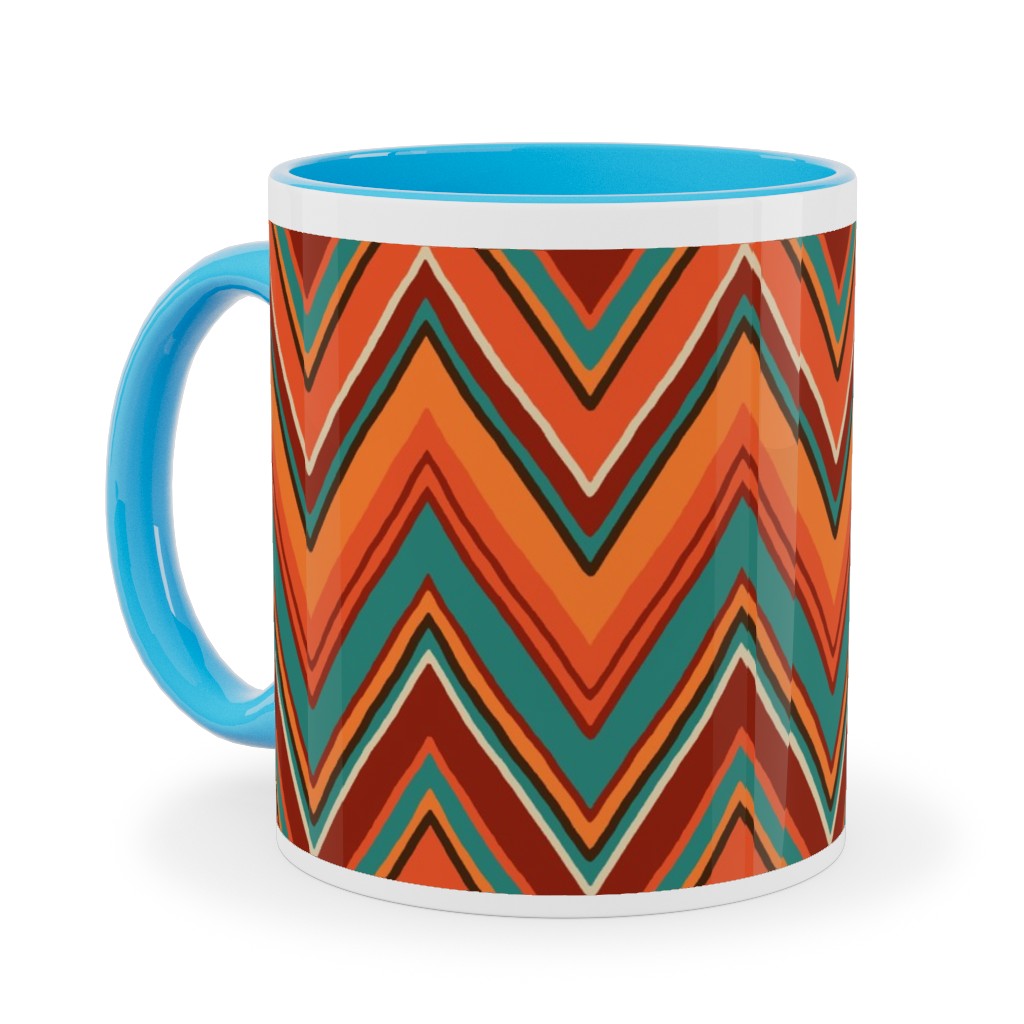 Fall Crazy Chevron - Orange and Teal Ceramic Mug, Light Blue,  , 11oz, Orange