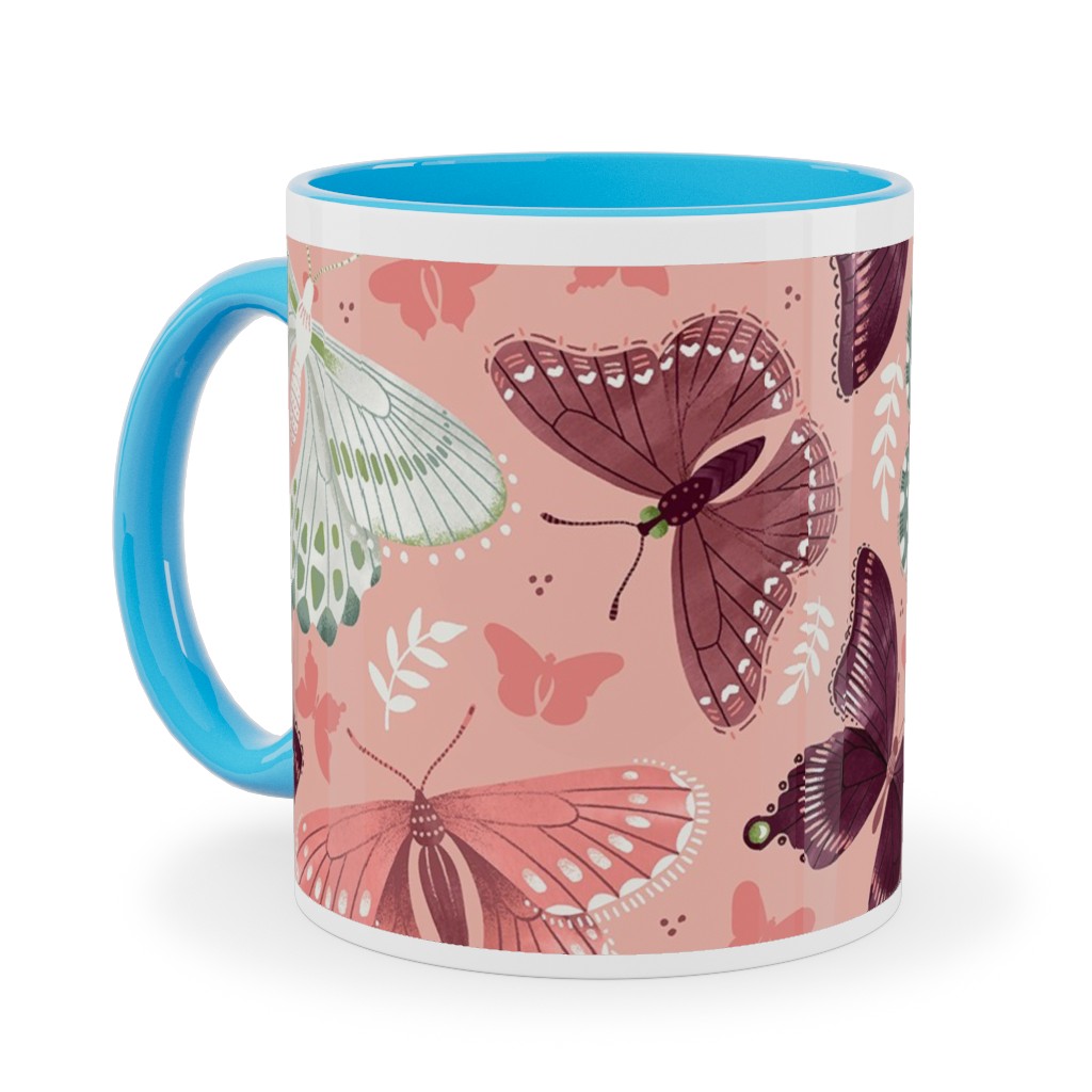 Romantic Butterflies - Pink Ceramic Mug, Light Blue,  , 11oz, Pink