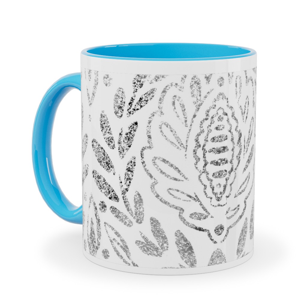 Distressed Damask Leaves - Grey Ceramic Mug, Light Blue, , 11oz, Gray, Gray