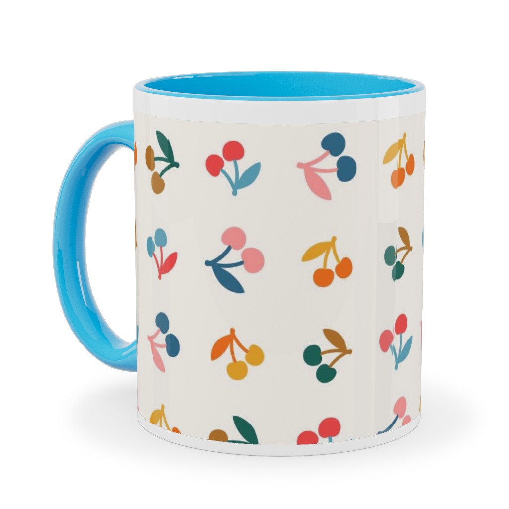 Colored Cherries - Earthy Ceramic Mug, Light Blue, , 11oz, Beige, Pearl