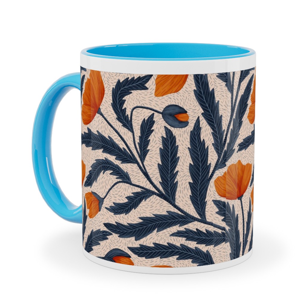 Poppy Flower - Blue and Orange Ceramic Mug, Light Blue,  , 11oz, Blue