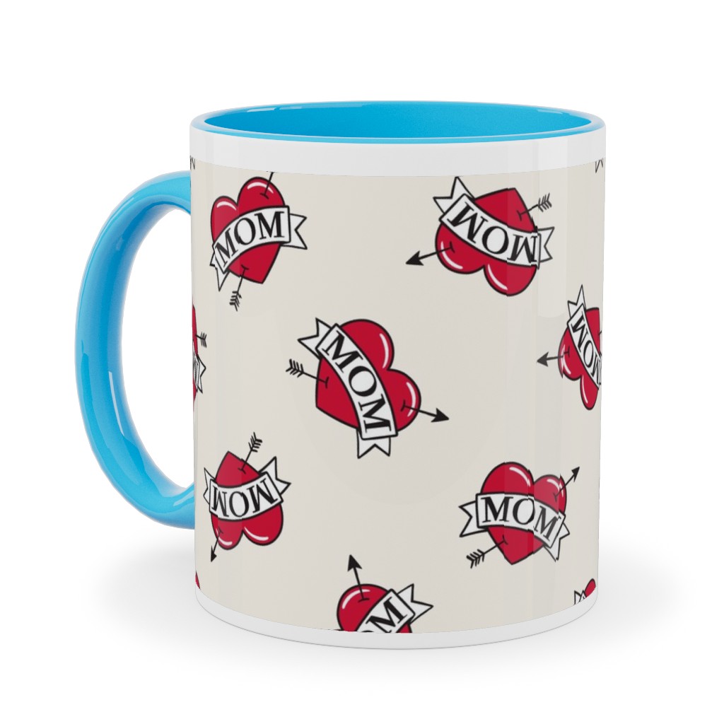 Mom Heart Tattoo - Red on Cream Ceramic Mug, Light Blue,  , 11oz, Red