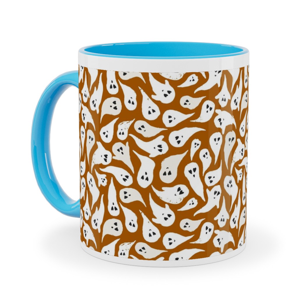 Halloween Ghosts on Dark Burnt Orange Ceramic Mug, Light Blue,  , 11oz, Orange