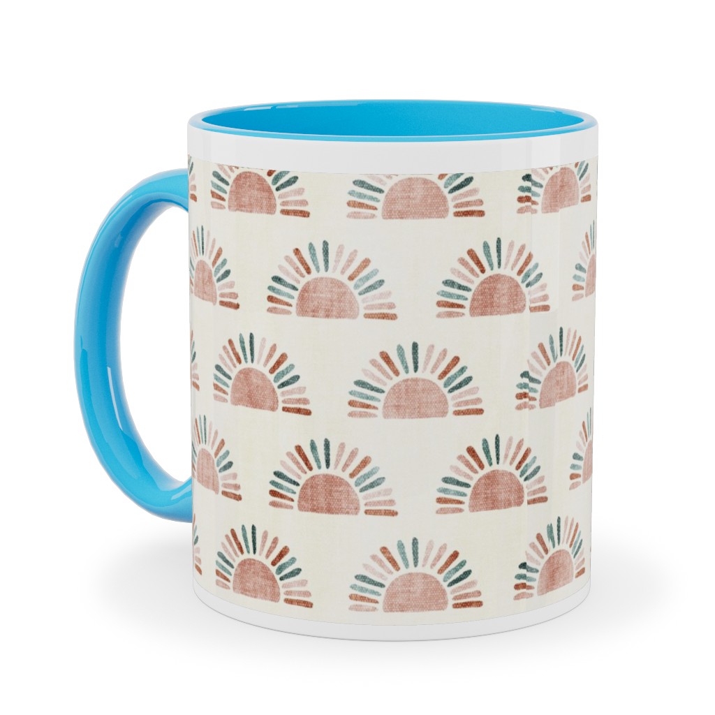 Sunshine - Block Print Boho Sun Print - Dusty Pink/Blue/Teracotta Ceramic Mug, Light Blue, , 11oz, Pink, Bright Pink