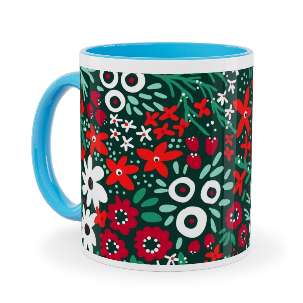 Rustic Floral - Holiday Red and Green Ceramic Mug, Light Blue, , 11oz, Green, Classic Green