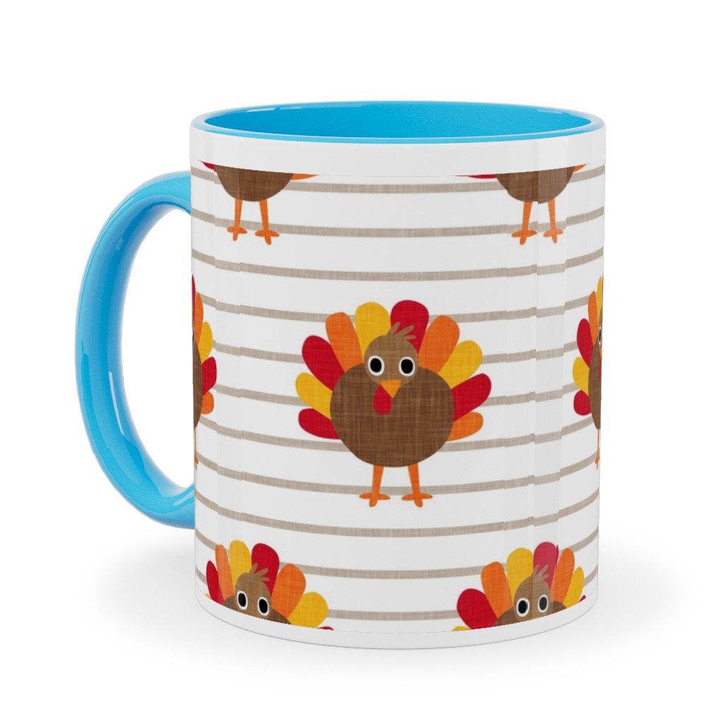 Cute Thanksgiving Turkey - on Khaki Stripes Ceramic Mug, Light Blue,  , 11oz, Orange