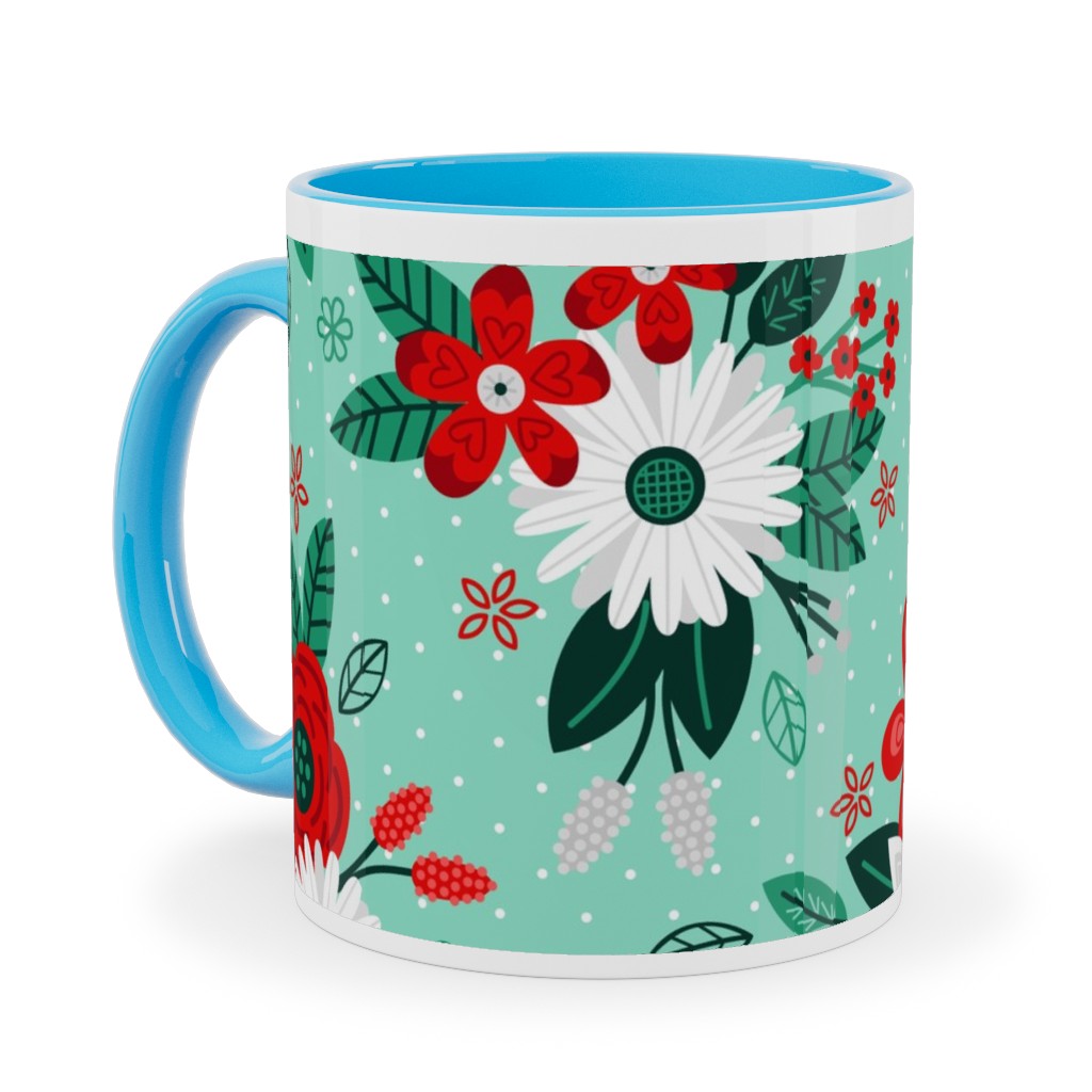 Holiday Floral Bouquet Ceramic Mug, Light Blue,  , 11oz, Green