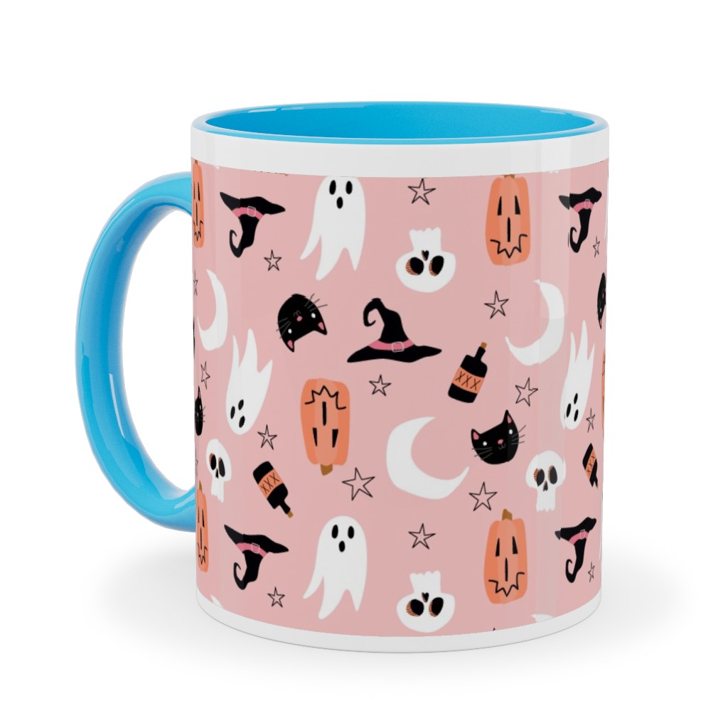 Sweet Halloween - Pumpkin, Witch, Ghost, & Cat - Pink Ceramic Mug, Light Blue,  , 11oz, Pink