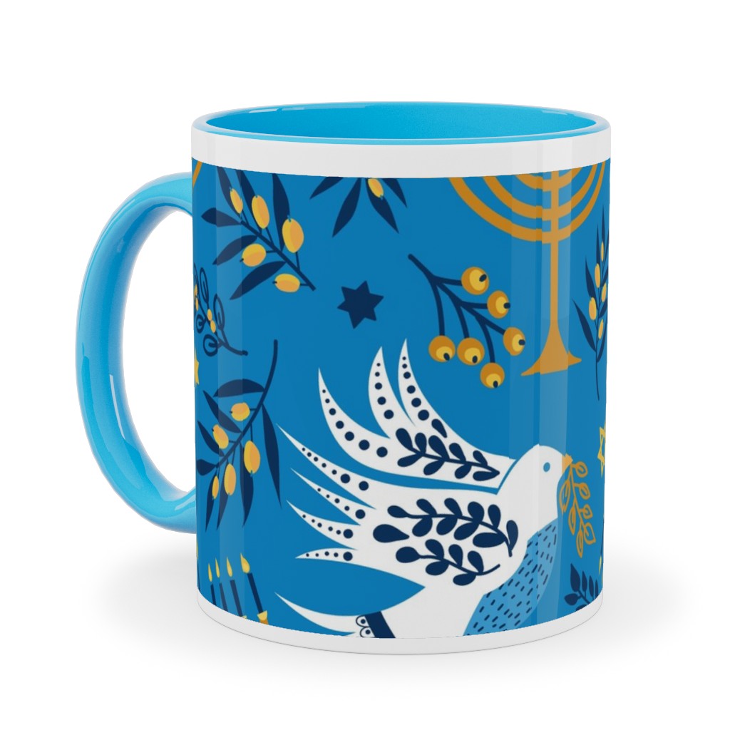 Hanukkah Birds Menorahs - Light Blue Ceramic Mug, Light Blue,  , 11oz, Blue