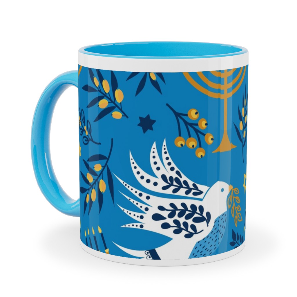 Hanukkah Birds Menorahs - Light Blue Ceramic Mug, Light Blue, , 11oz, Blue, True Blue
