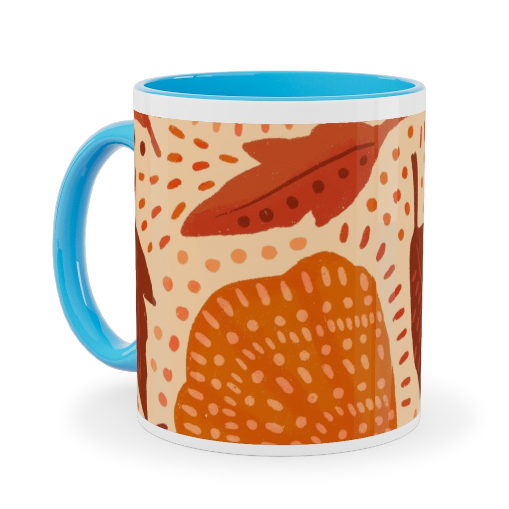Autumn Mushrooms and Fallen Leaves Ceramic Mug, Light Blue, , 11oz, Orange, Orange