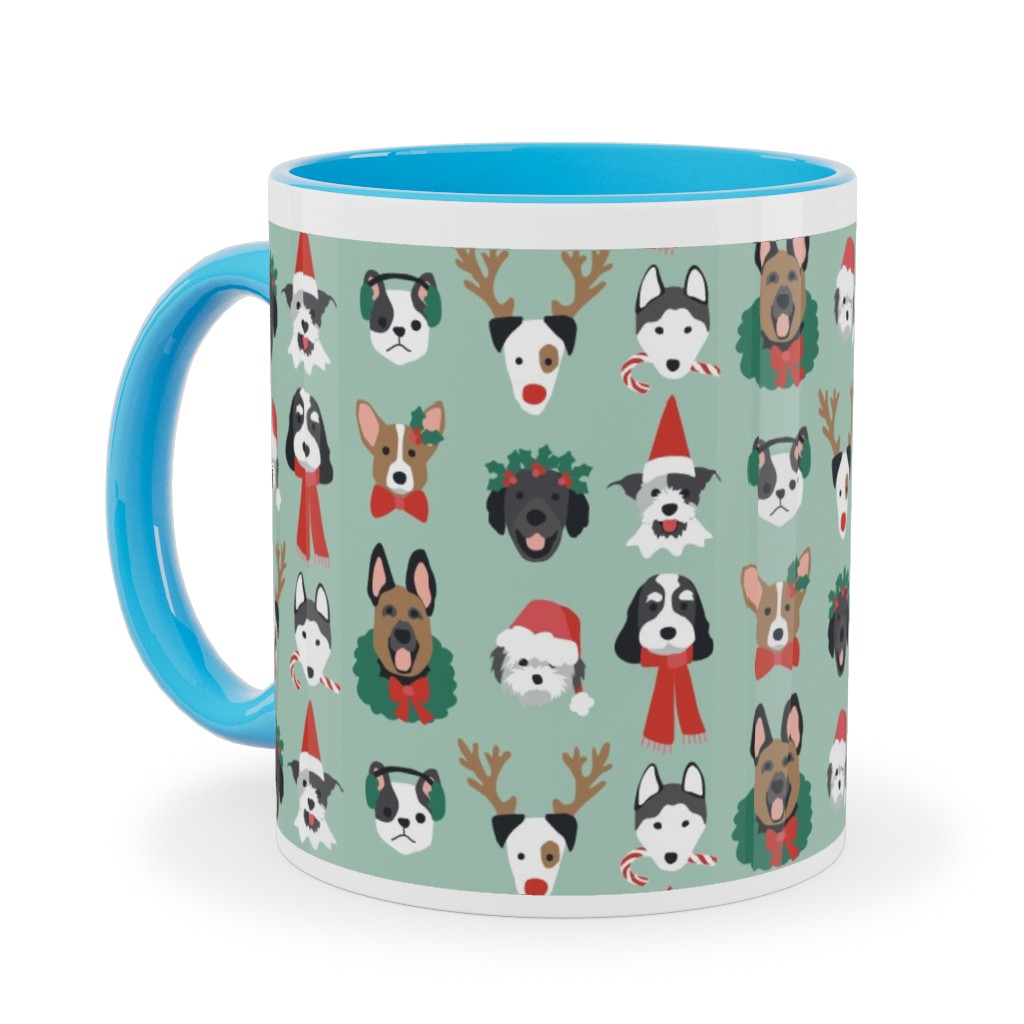 Christmas Holiday Puppy Dogs - Green Ceramic Mug, Light Blue, , 11oz, Green, Classic Green