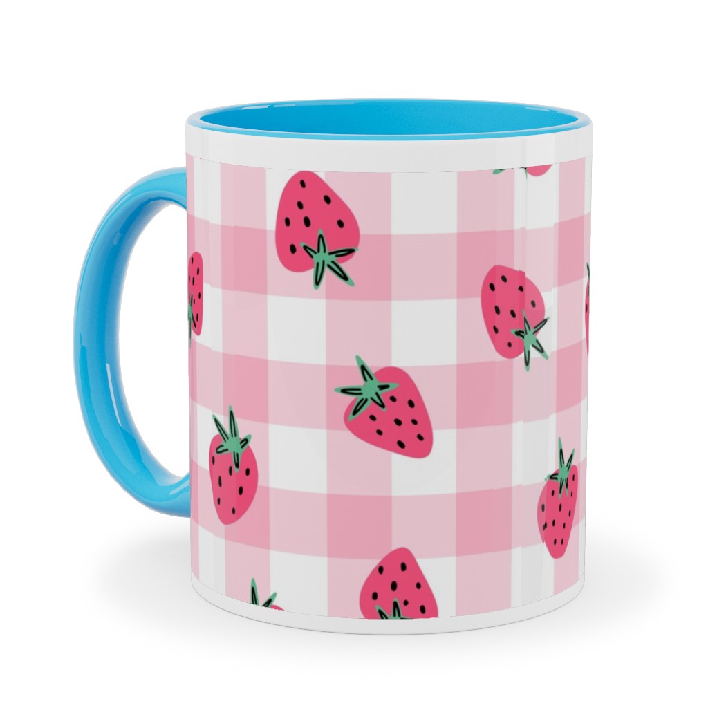 Summer Strawberry Gingham - Pink Ceramic Mug, Light Blue, , 11oz, Pink, Bright Pink