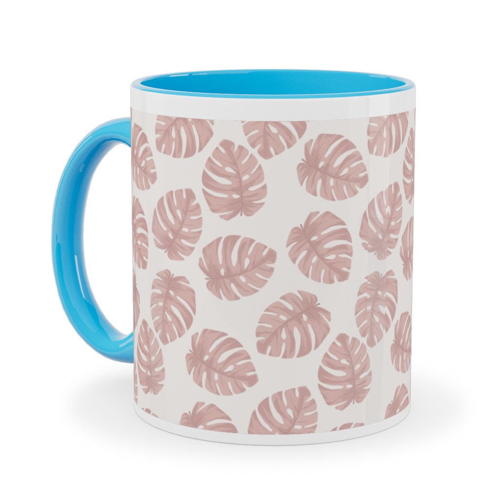 Boho Monstera Leaf - Light Pink on Off White Ceramic Mug, Light Blue, , 11oz, Pink, Bright Pink