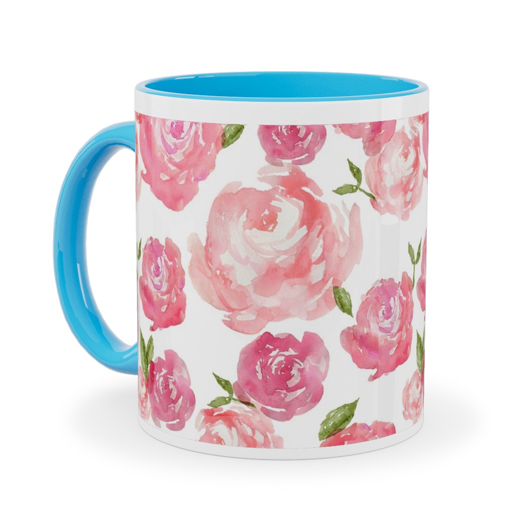 Watercolor Floral - Pink Ceramic Mug, Light Blue, , 11oz, Pink, Bright Pink