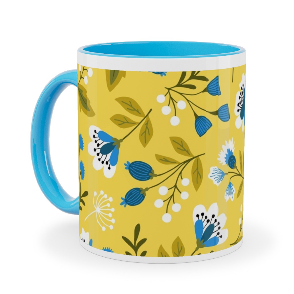 Colorful Spring Flowers - Blue on Yellow Ceramic Mug, Light Blue,  , 11oz, Yellow
