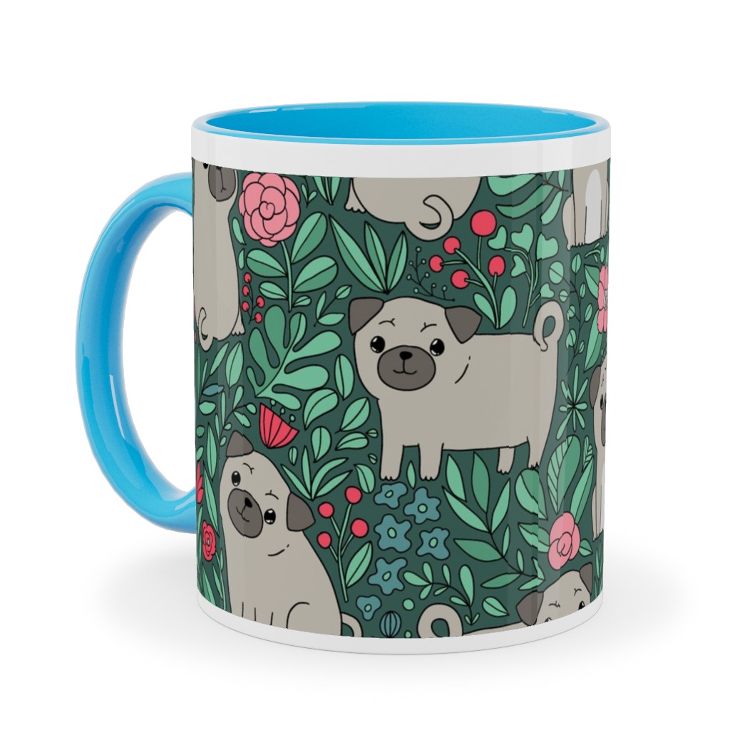 Cute Pugs and Flowers - Multicolor Ceramic Mug, Light Blue,  , 11oz, Green