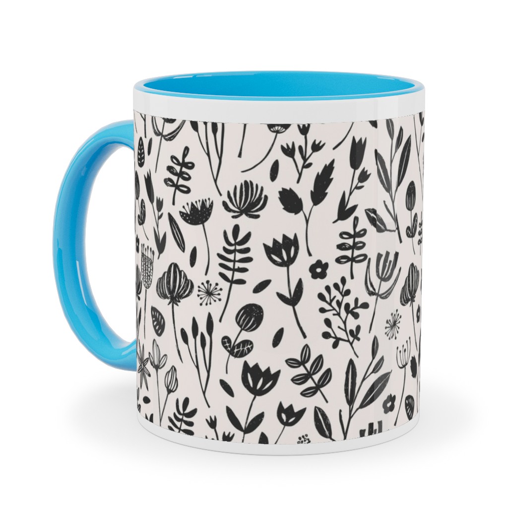 Folk Botanical Print - Neutral Ceramic Mug, Light Blue, , 11oz, Beige, Pearl