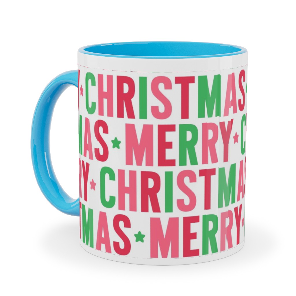 Merry Christmas Uppercase - Green, Pink, Red Ceramic Mug, Light Blue, , 11oz, Multicolor