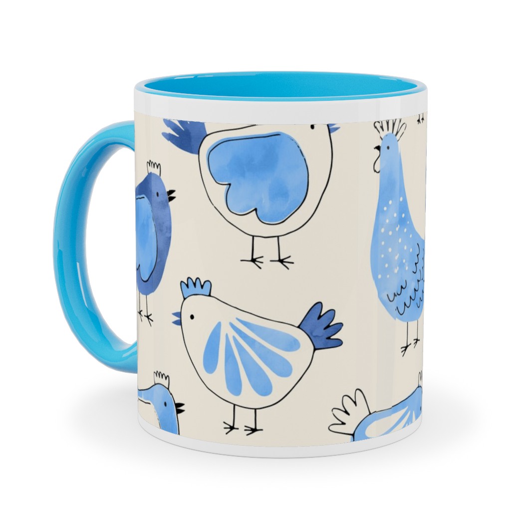Chicken and Rooster - Watercolor - Blue on Creme Ceramic Mug, Light Blue,  , 11oz, Blue