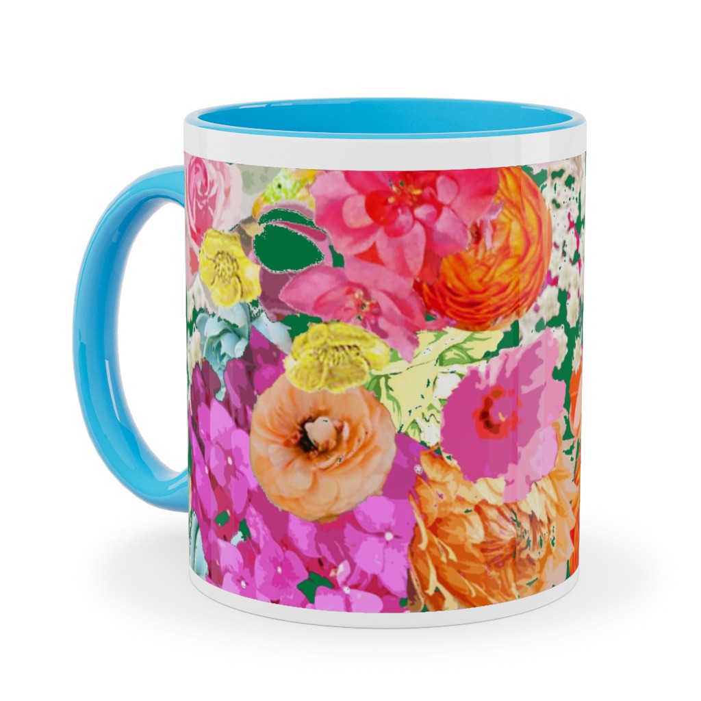 Summer Bright Floral - Kelly Green Ceramic Mug, Light Blue, , 11oz, Pink, Bright Pink