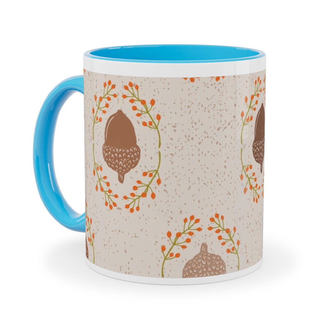 Autumn Acorn Rosehip Textured Damask Ceramic Mug, Light Blue,  , 11oz, Beige