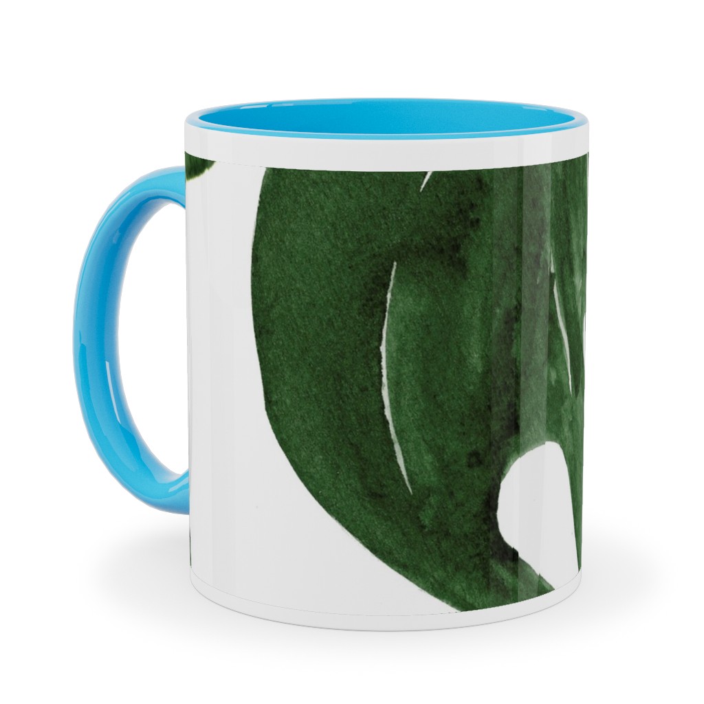 Monstera Tropical Leaves - Green Ceramic Mug, Light Blue, , 11oz, Green, Classic Green