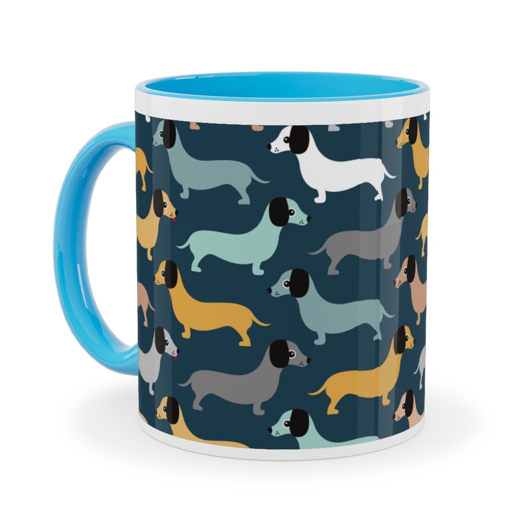 Retro Dachshund Dogs Ceramic Mug, Light Blue,  , 11oz, Green