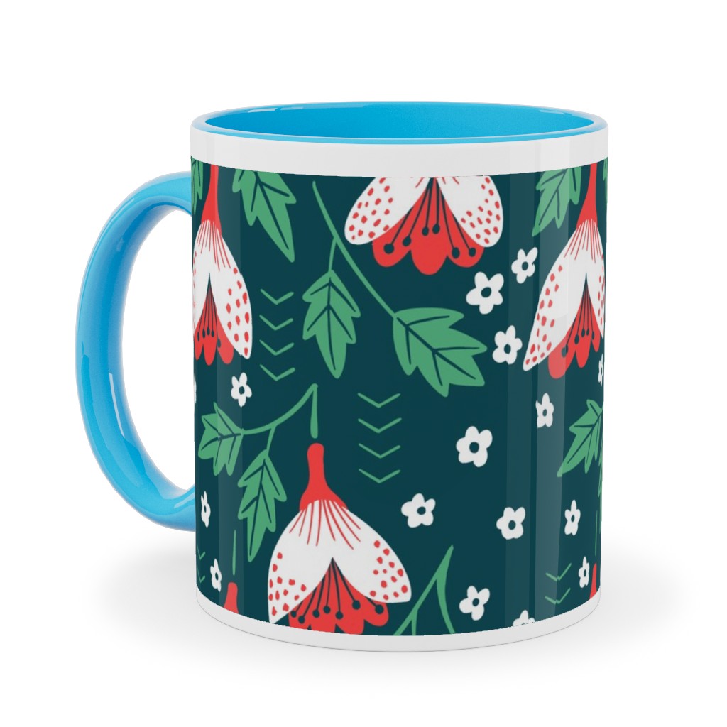 Christmas Flowers Ceramic Mug, Light Blue, , 11oz, Green, Classic Green
