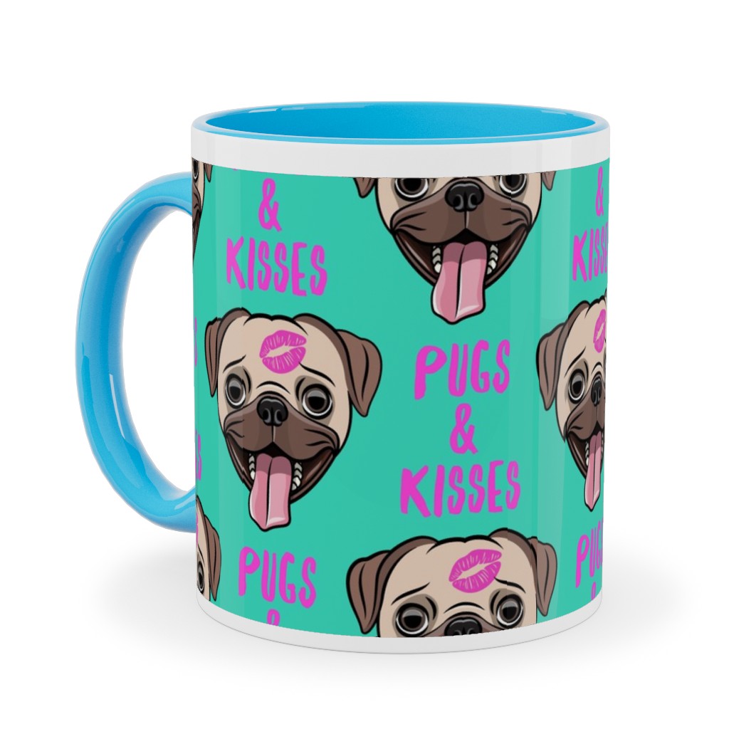 Pugs & Kisses - Cute Pug Dog - Teal Ceramic Mug, Light Blue,  , 11oz, Green