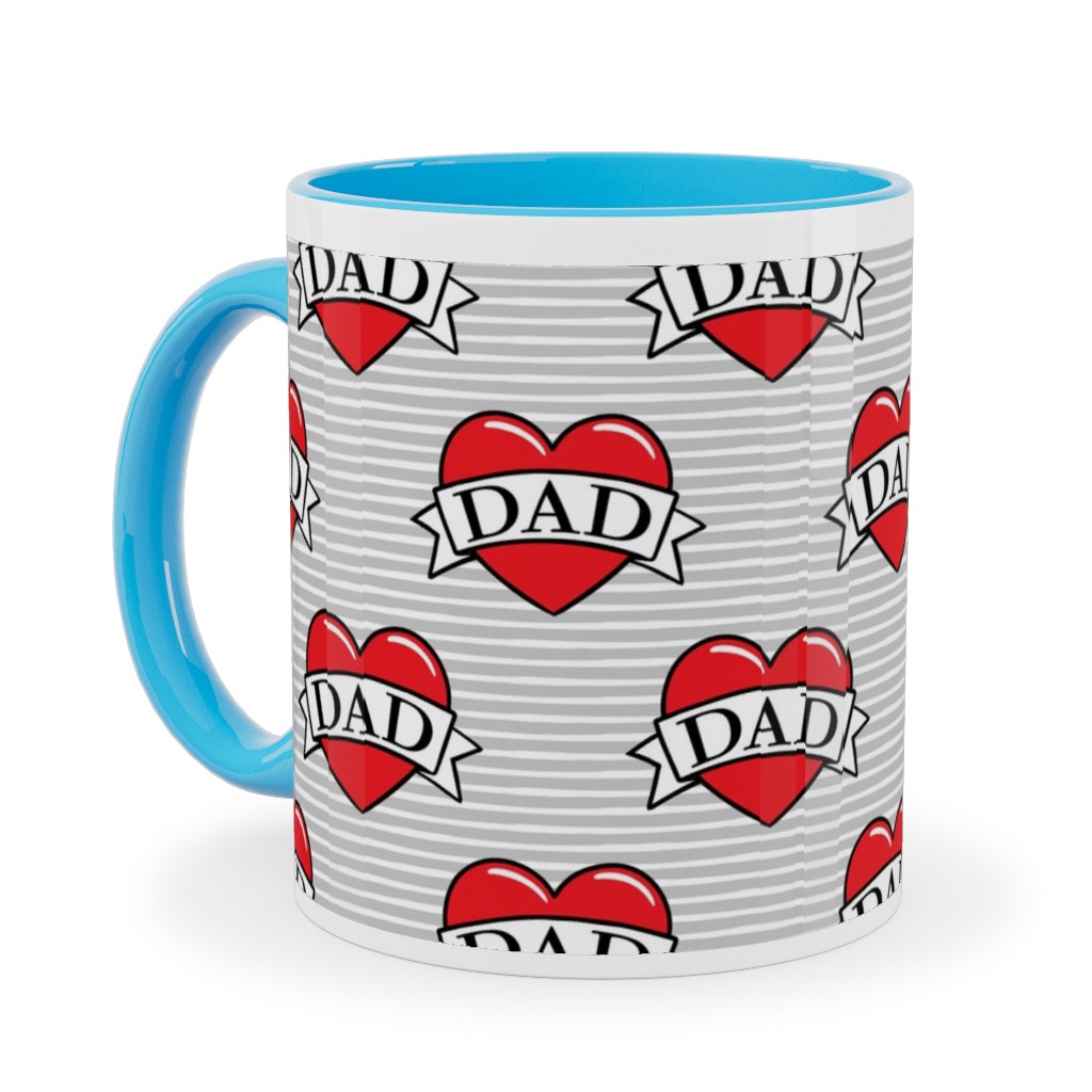 Dad Heart Tattoo - Red on Grey Stripes Ceramic Mug, Light Blue, , 11oz, Red, Red