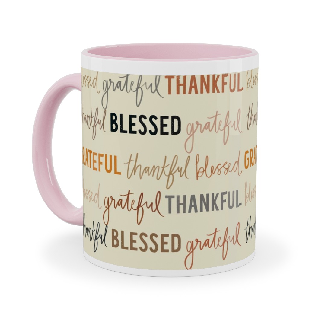 Grateful Thankful Blessed - Terracotta Ceramic Mug, Pink, , 11oz, Beige, Pearl
