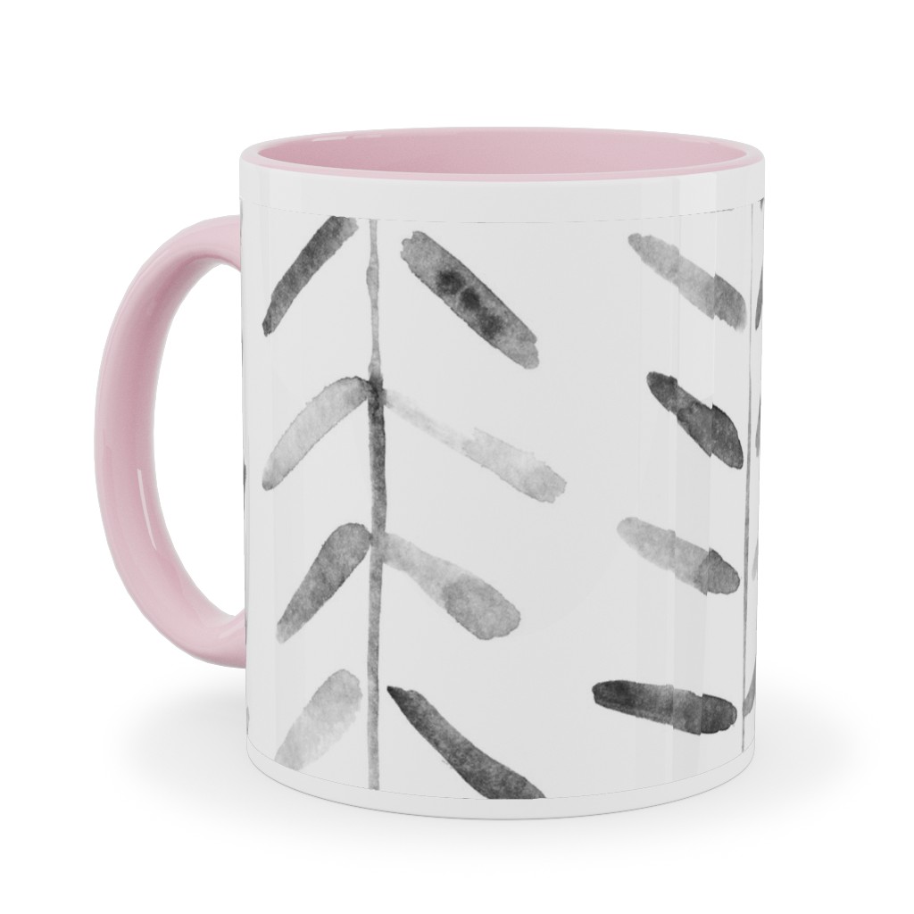 Noir Watercolor Abstract Geometrical Pattern for Modern Home Decor Bedding Nursery Painted Brush Strokes Herringbone Ceramic Mug, Pink, , 11oz, White, White