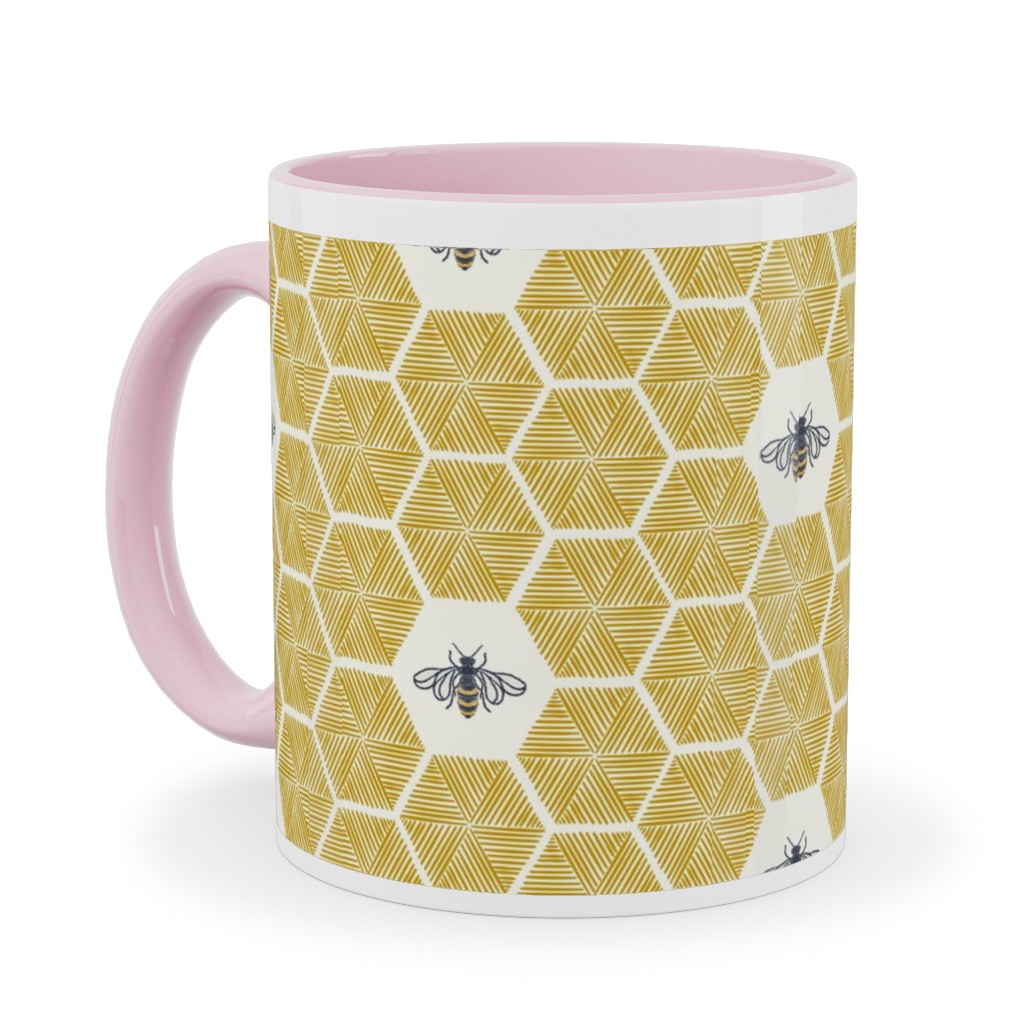 Bees Stitched Honeycomb - Gold Ceramic Mug, Pink, , 11oz, Yellow, Classic Yellow