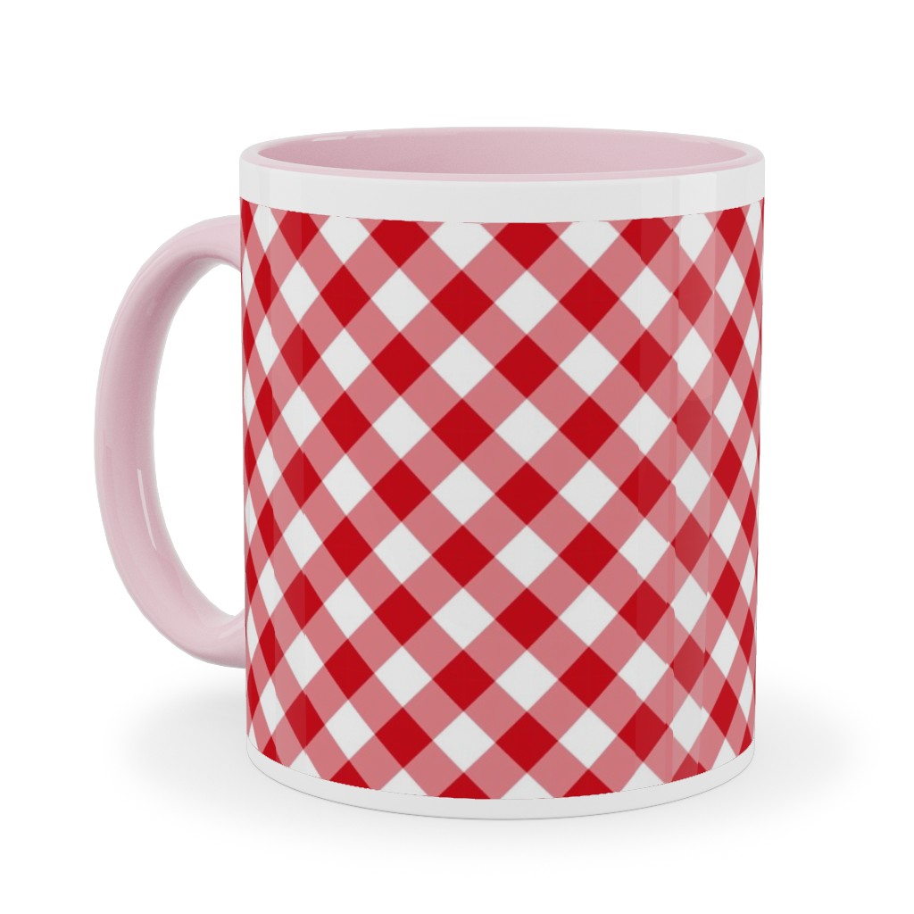 Diagonal Gingham - Red and White Ceramic Mug, Pink, , 11oz, Red, Red
