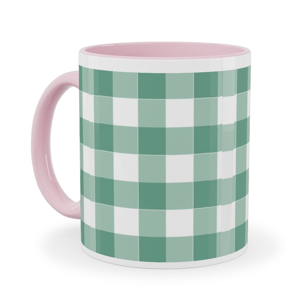 Simple Gingham Ceramic Mug, Pink, , 11oz, Green, Desert Green