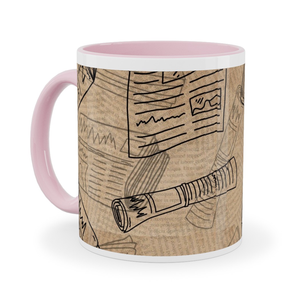 Newsprint Ceramic Mug, Pink,  , 11oz, Brown