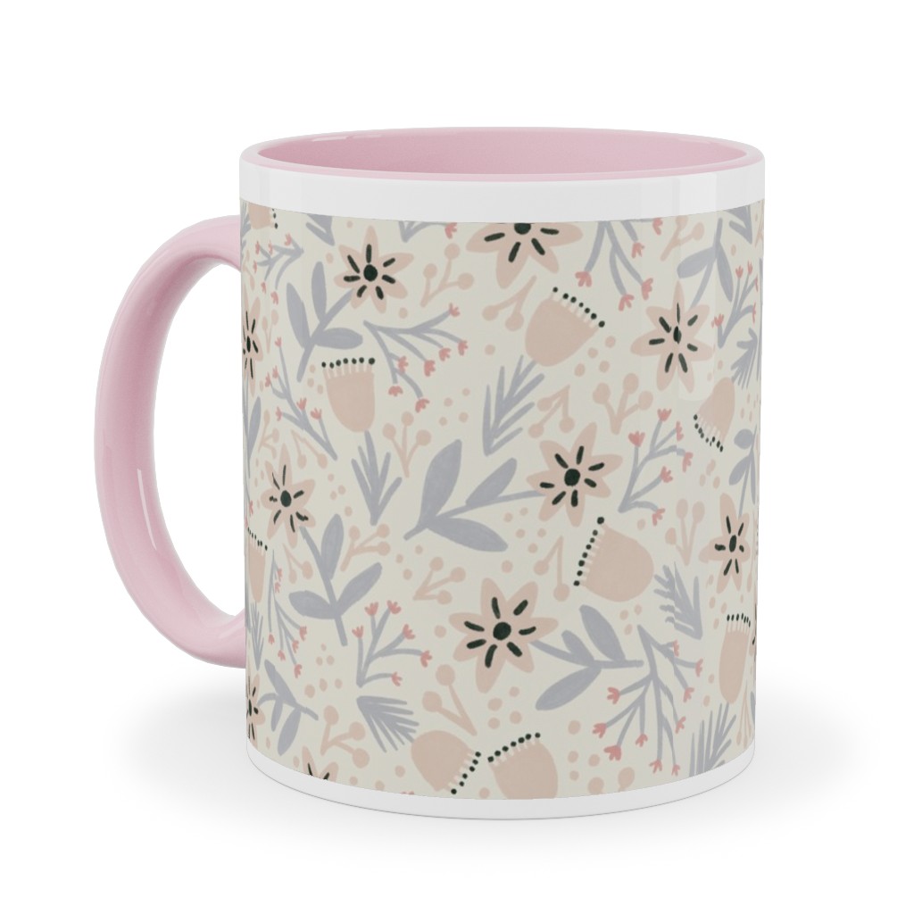 Vintage Flowers - Pastel Pink Ceramic Mug, Pink,  , 11oz, Beige