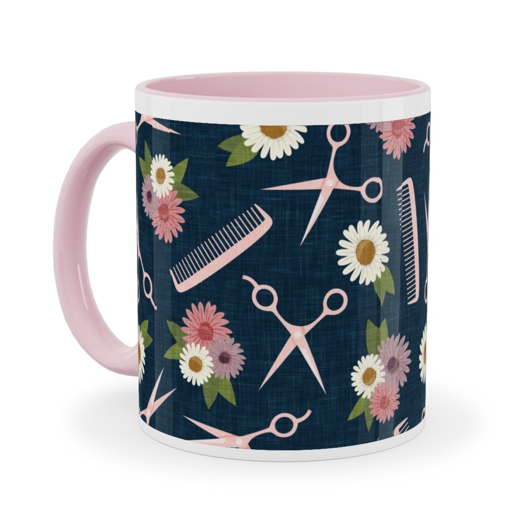 Floral Shears and Combs - Pink & Blue Ceramic Mug, Pink, , 11oz, Pink, Bright Pink