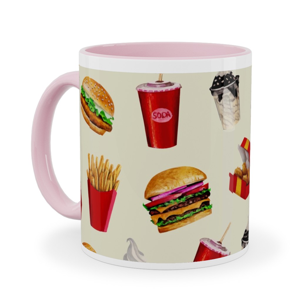 Fast Food Burgers Fries and Sundaes - Multicolor Ceramic Mug, Pink,  , 11oz, Multicolor