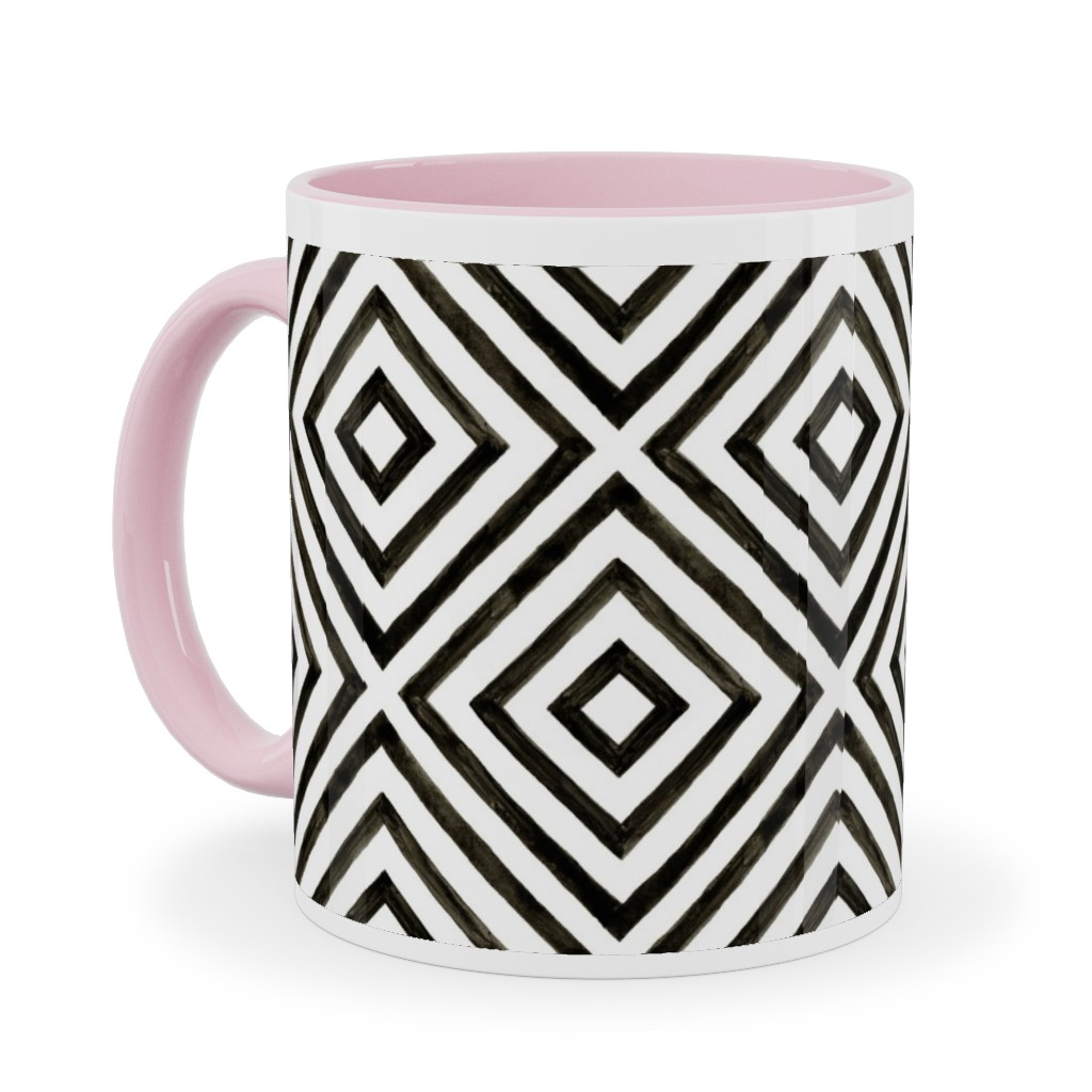 Diamond Pattern - Black and White Ceramic Mug, Pink, , 11oz, Black, Black