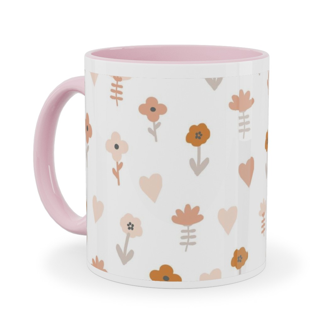 Wild Flowers - Boho - Neutral on White Ceramic Mug, Pink, , 11oz, Pink, Bright Pink
